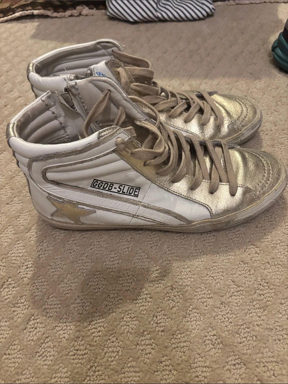 Golden Goose GGDB-Slide High-Top Sneakers in White and Gold